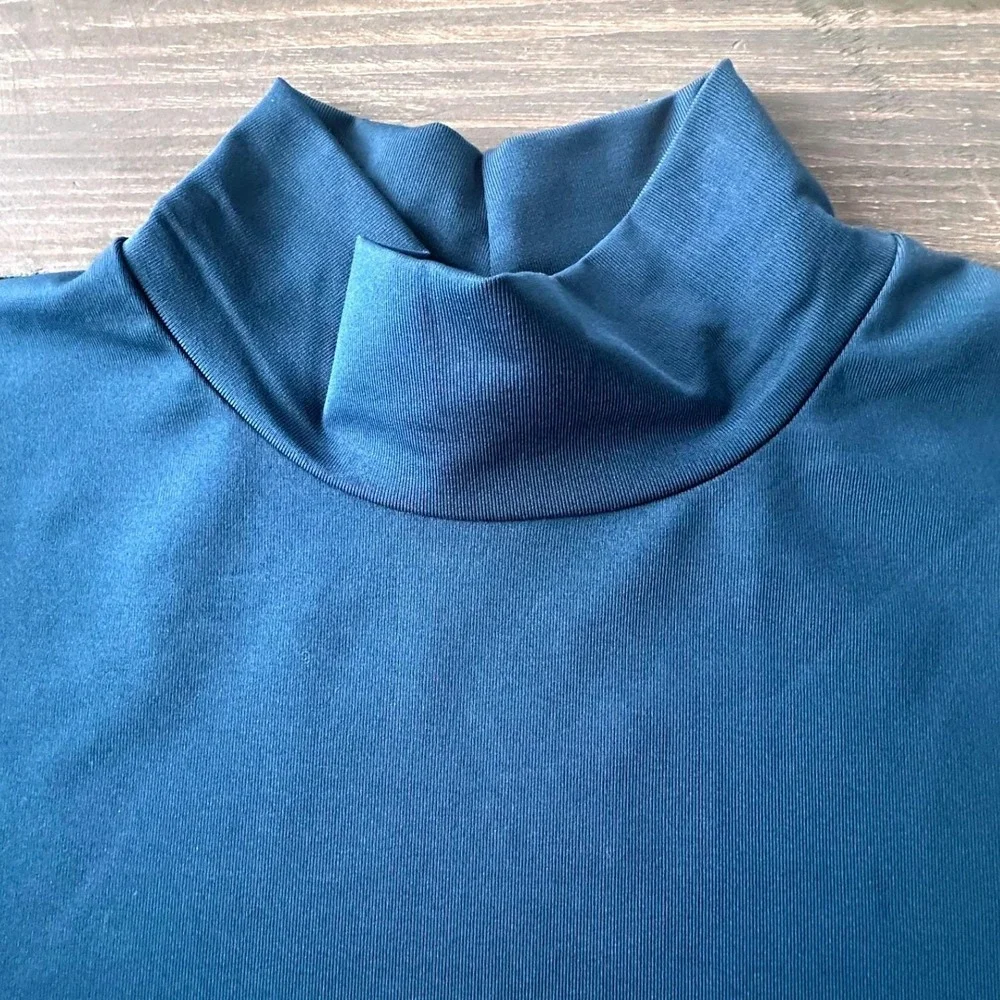 Vintage Amanda Smith Blue Mock‎ Neck Short Sleeve Stretch Top Women's Size M NWT